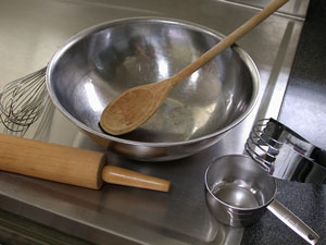 stainless steel countertop and baking utensils